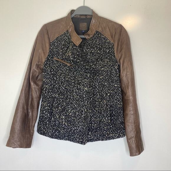 Gap Brown Leather Boucle Tweed Moto Jacket M - Picture 4 of 12